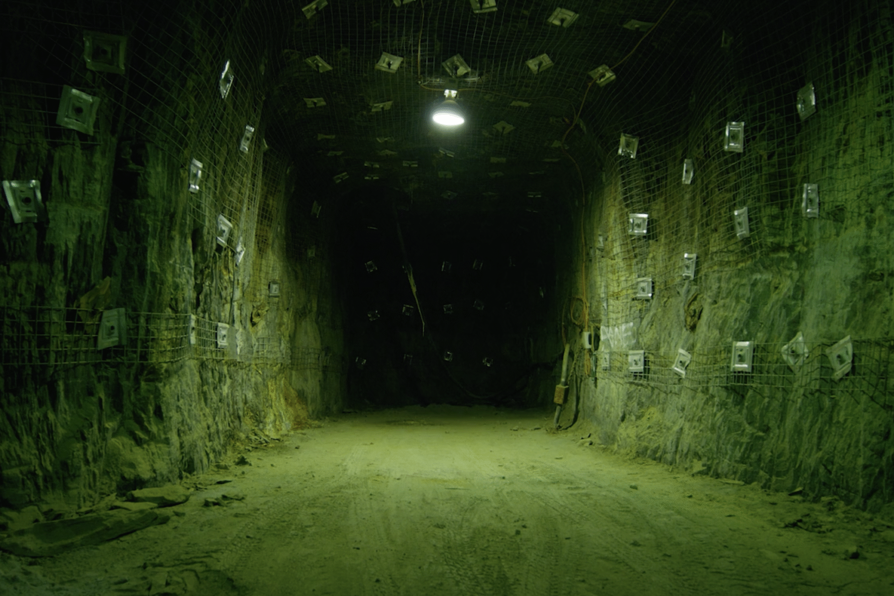 A mine tunnel bathed in eerie light